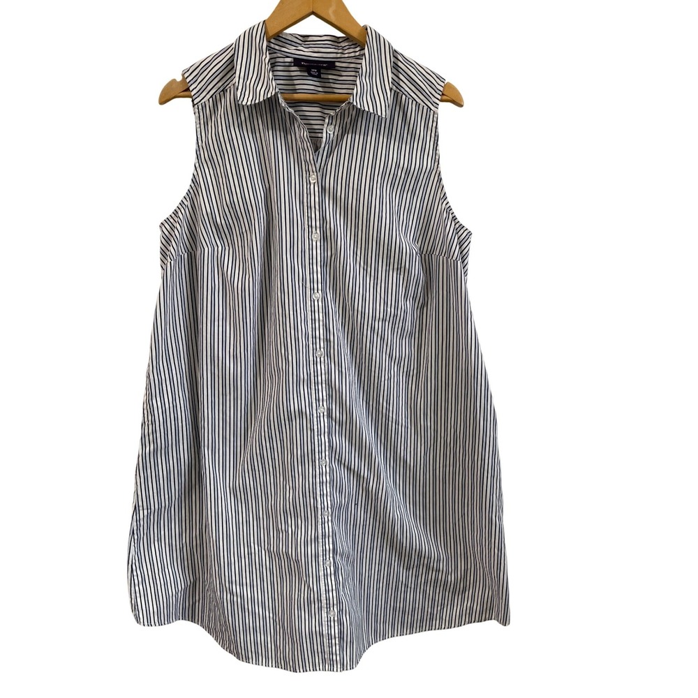 Roaman's Womens 18W Sleeveless Striped Button Front Shirt Dress with Pockets